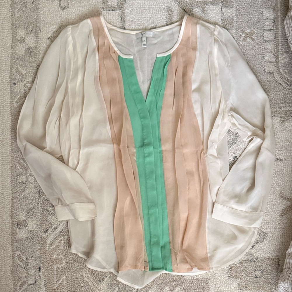 100% Silk Joie Sheer V-Neck Colorblock Blouse in Mint, Blush & Cream